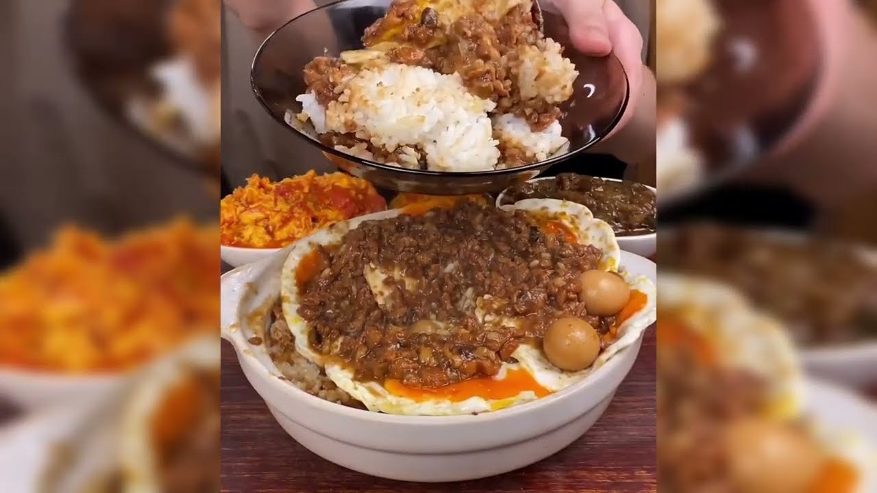 Top the braised pork rice with soft-boiled eggs! & scrambled eggs with tomatoes & braised eggplant!