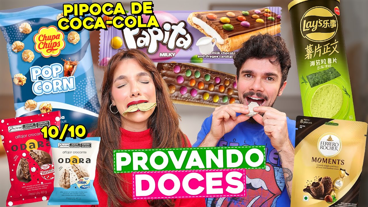 PROVANDO DOCES DIFERENTES | Pipoca de Coca-Cola, Lays de Alga Marinha, Alfajor de Prest&iacute;gio e mais