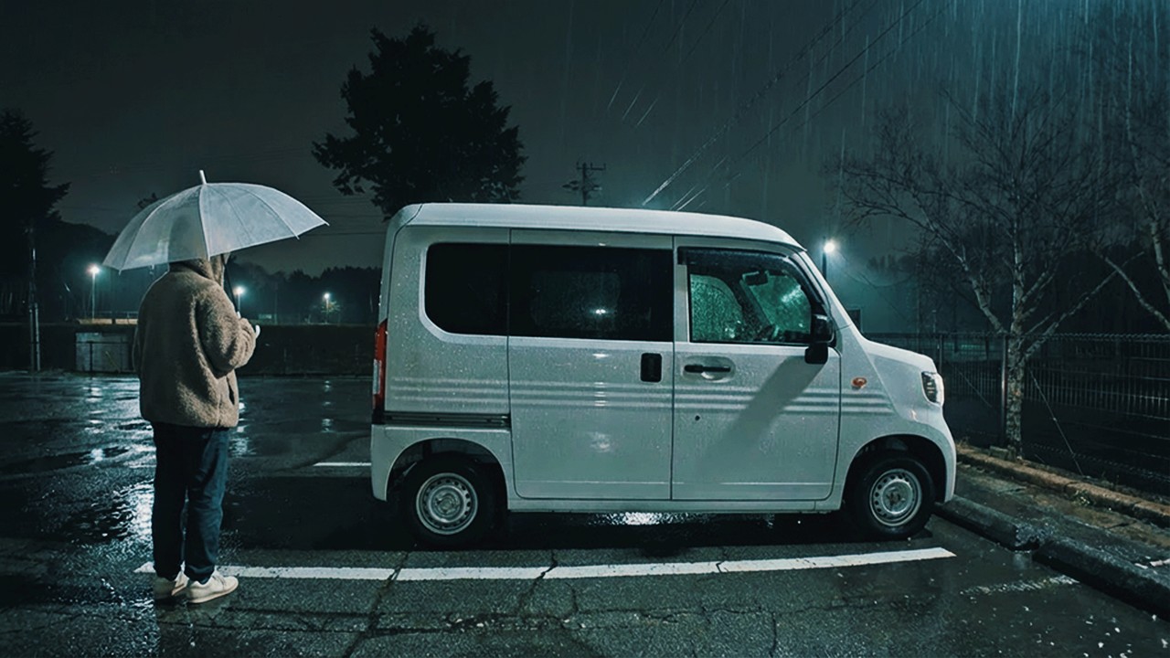 Автомобильный кемпинг под проливным дождем. Женщина одна. [N-VAN]