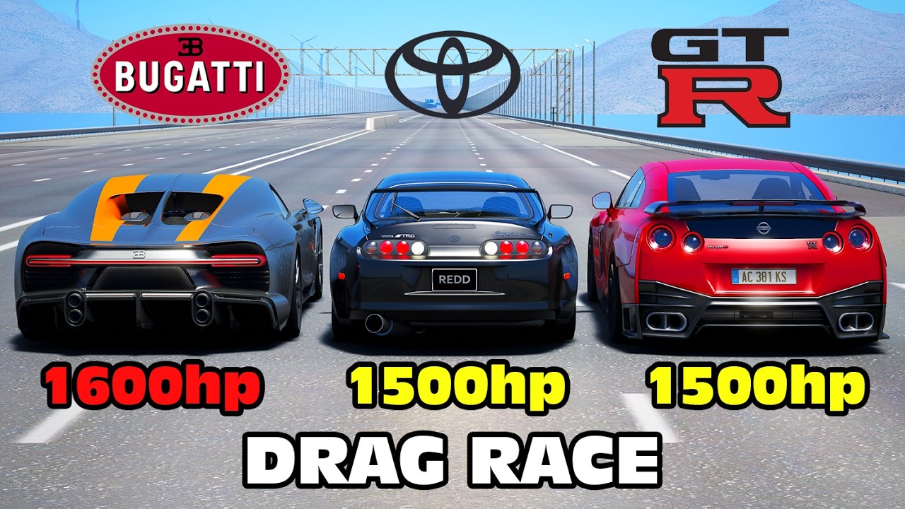 Toyota Supra 1500 л.с. против Nissan GT-R R35 против Bugatti Chiron Supersport DRAG RACE