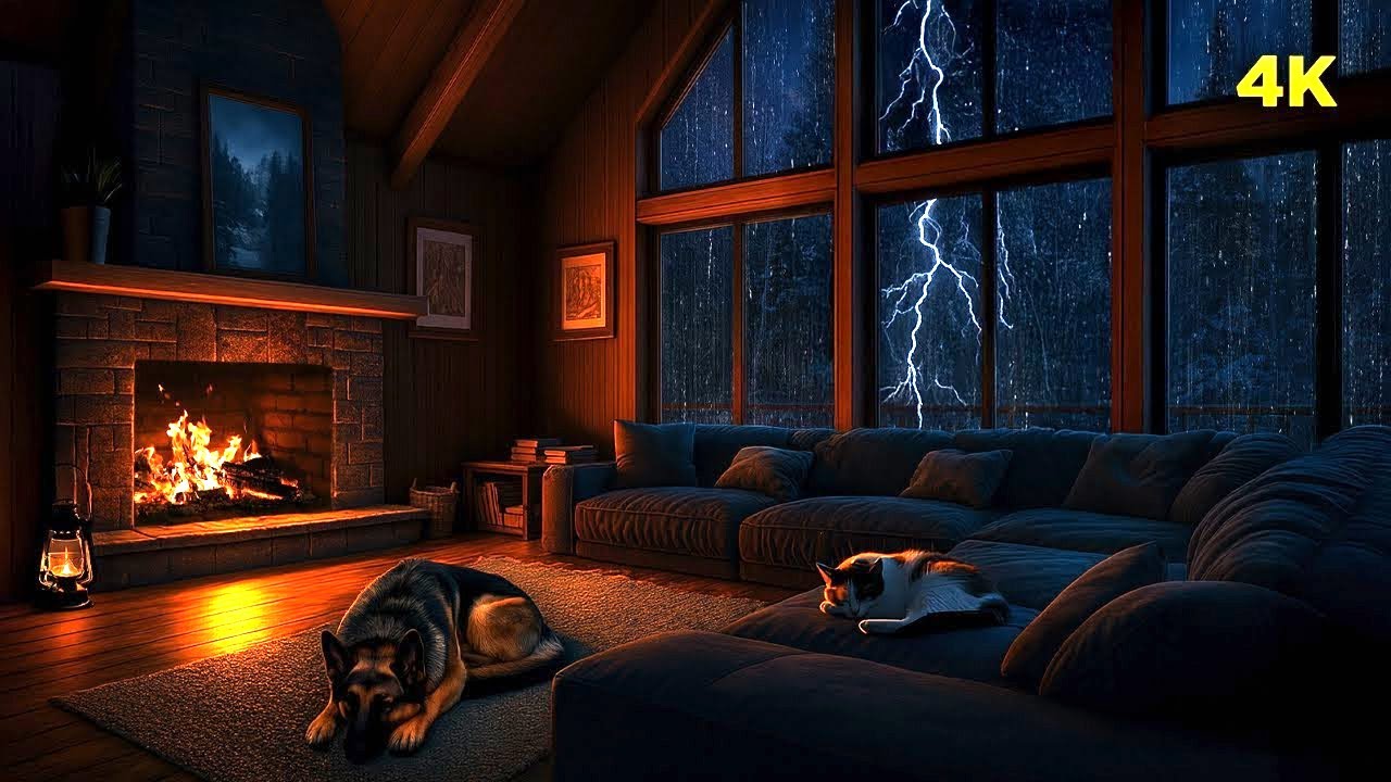 Осенний дождь и звуки камина в уютной гостиной | Треск огня