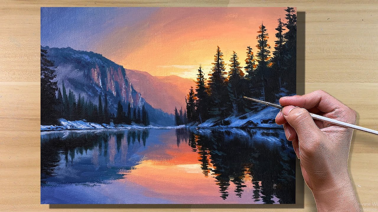 Acrylic Painting Sunrise Reflection Landscape / Correa Art