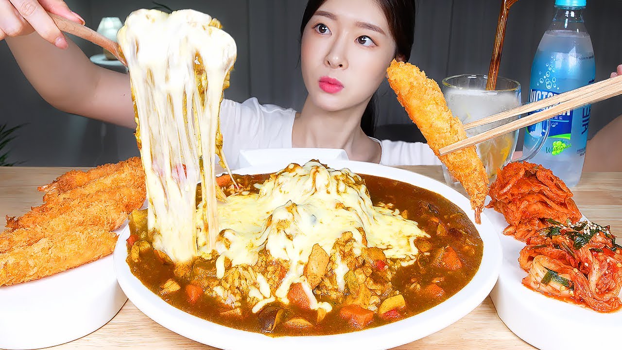 ASMR MUKBANG | Сырное и острое огненное карри 😋 Хрустящие гигантские жареные креветки и кимчи
