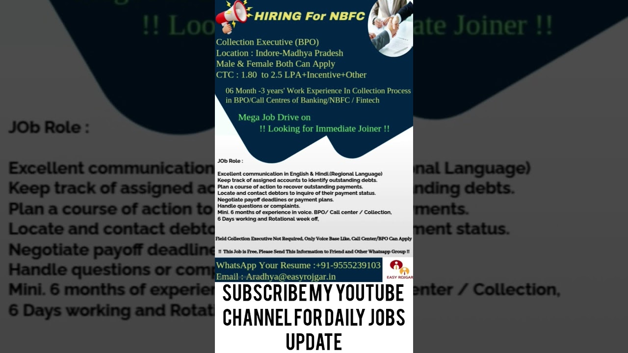 Urgent Opening: Collection Executive Job in Indore/Freshers Ke Liye Job! BPO/NBFC Walk-in Interview