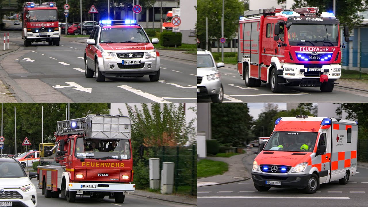 [Brand in Schule] Inspektionsübung 2024 Freiwillige Feuerwehr Bensheim Mitte & DRK ~ Einsatzfahrten