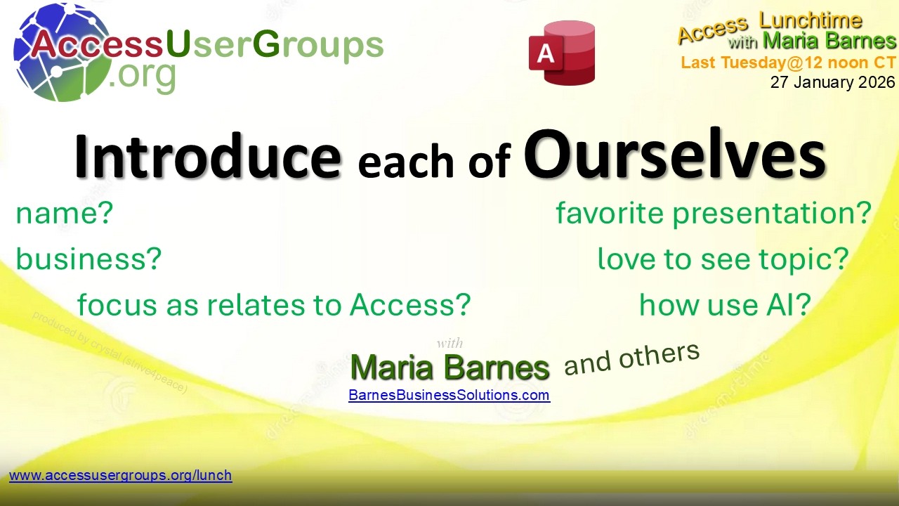 AL: Introduce each of Ourselves with Maria Barnes and others