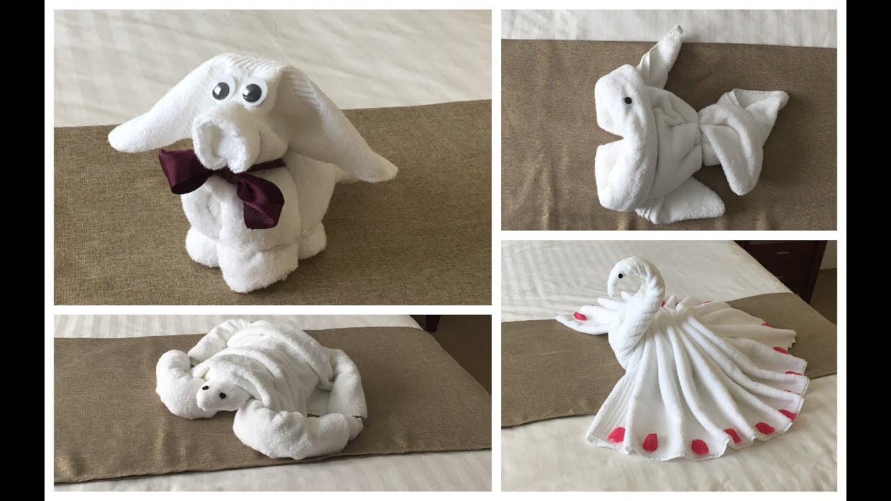 4 Ideas Towel Folding-Puppy, Swan, Fish, and Turtle (serviettes pliantes)