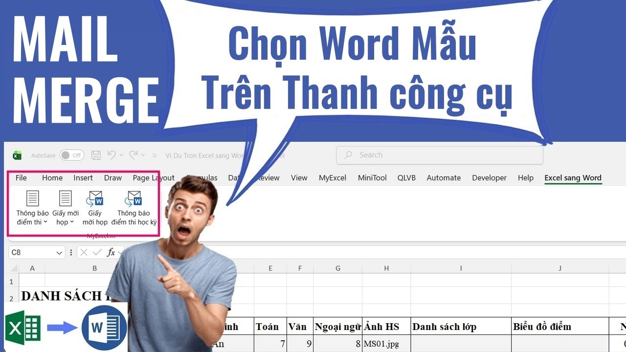Cách chọn file word mẫu ngay trên thanh công cụ khi trộn thư (Mail merge) từ Excel