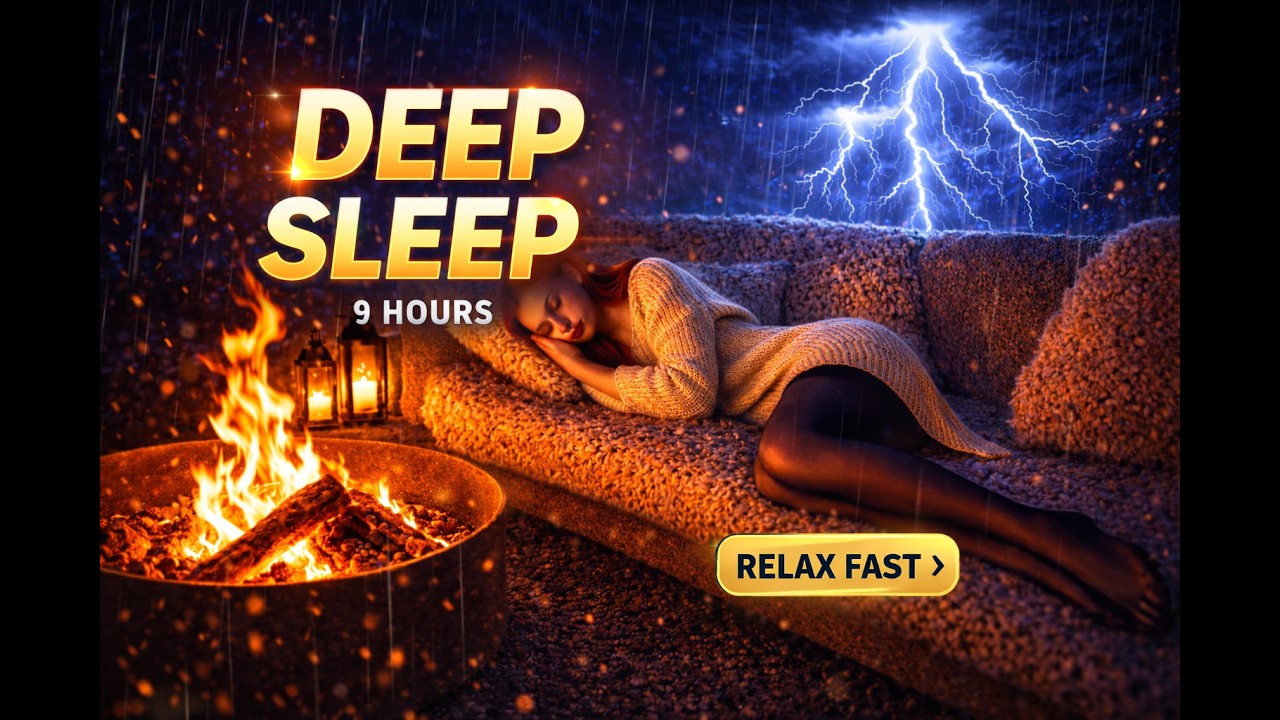 9 Hours Cozy Rainstorm & Thunder ⚡ Fireplace Ambience for Deep Sleep