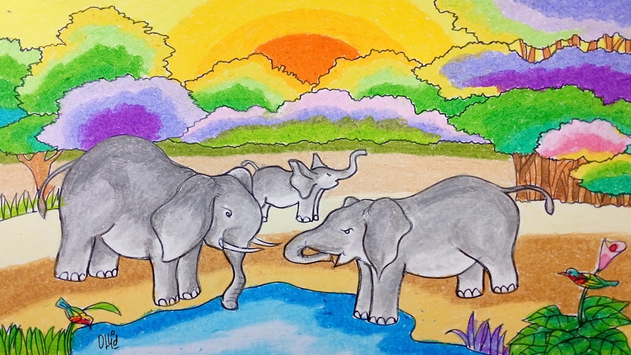 Cara Menggambar Gajah dan Pemandangan Hutan dengan Crayon/Oil Pastel