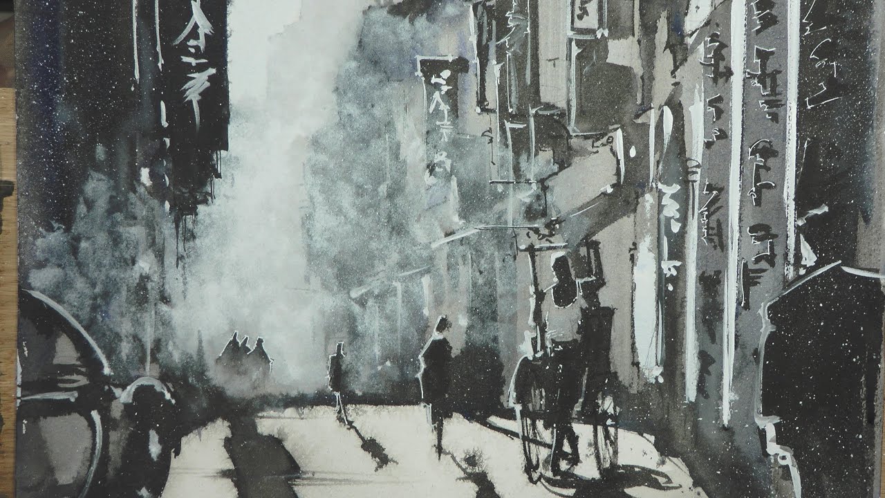 you'll see how to use only chinese ink for a monochrome cityscape