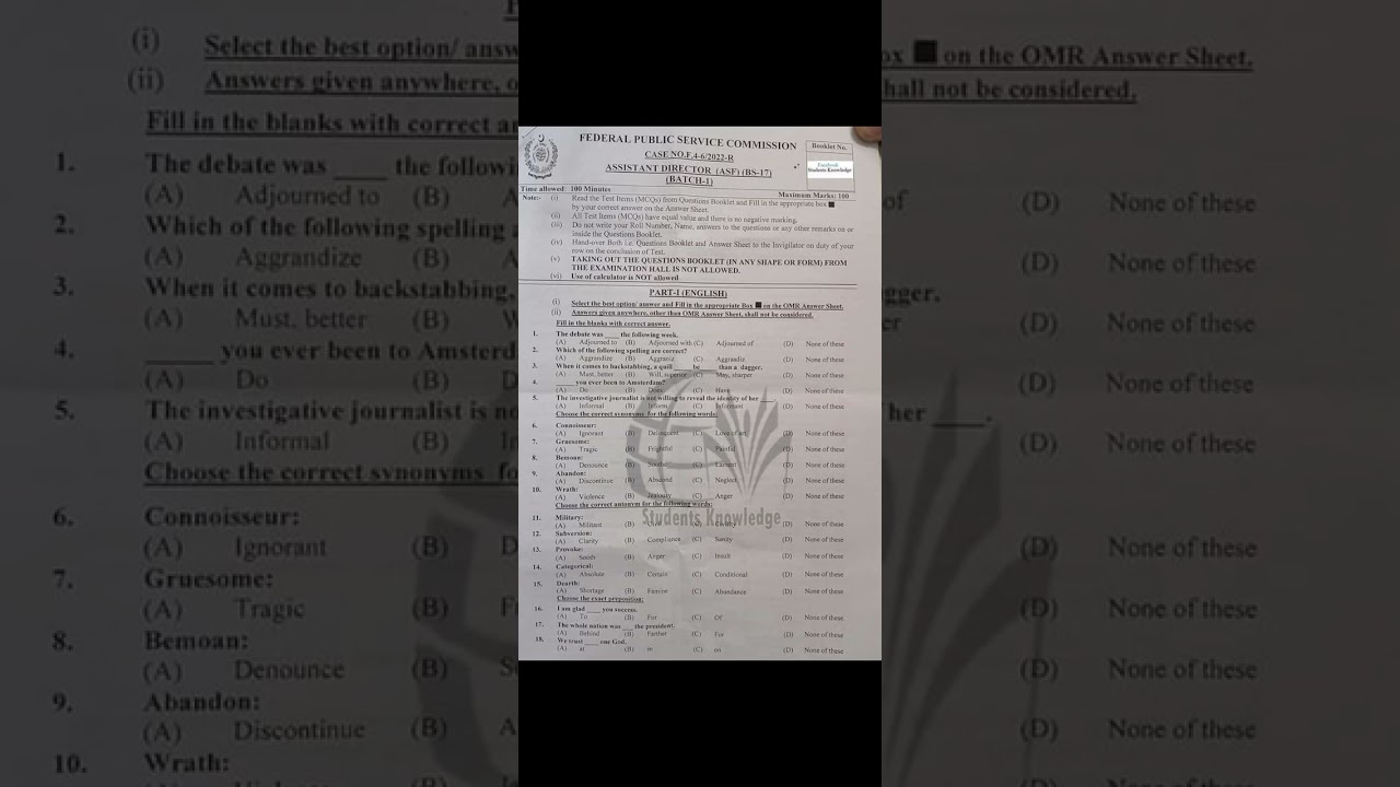 FPSC Assistant director bps17 phase-I past paper //fpsc paper //asf paper //fpsc past paper #shorts