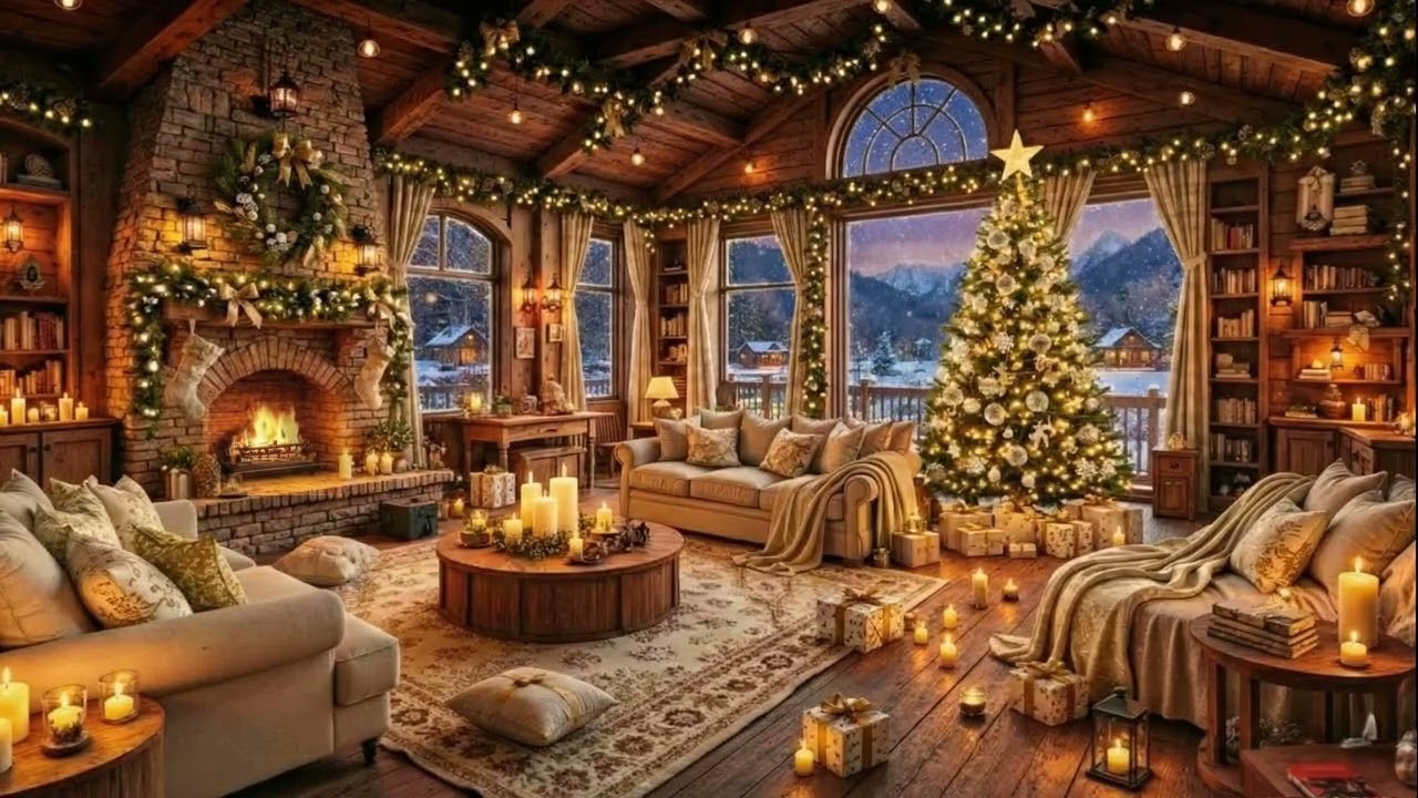 Cozy Christmas Cabin Jazz 🎄 Warm Fireplace Crackle & Soft Winter Ambience for Relax, Study, Sleep