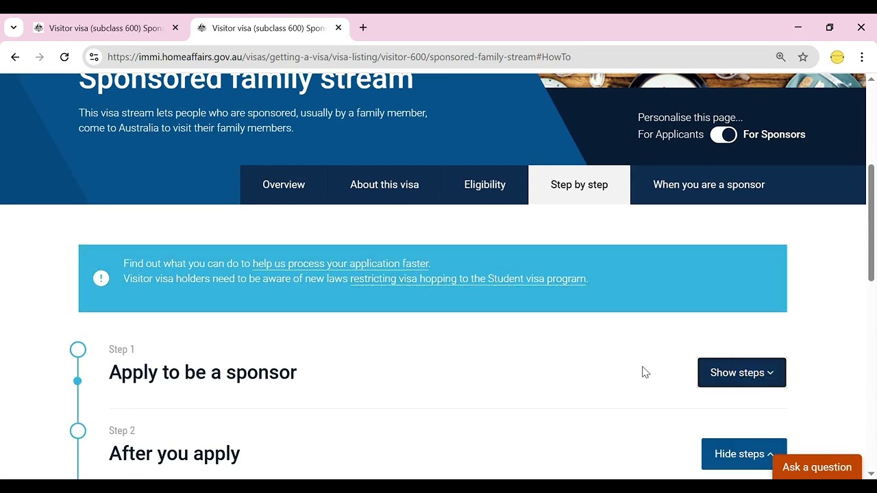Australian Visitor Visa subclass 600 Sponsored family stream