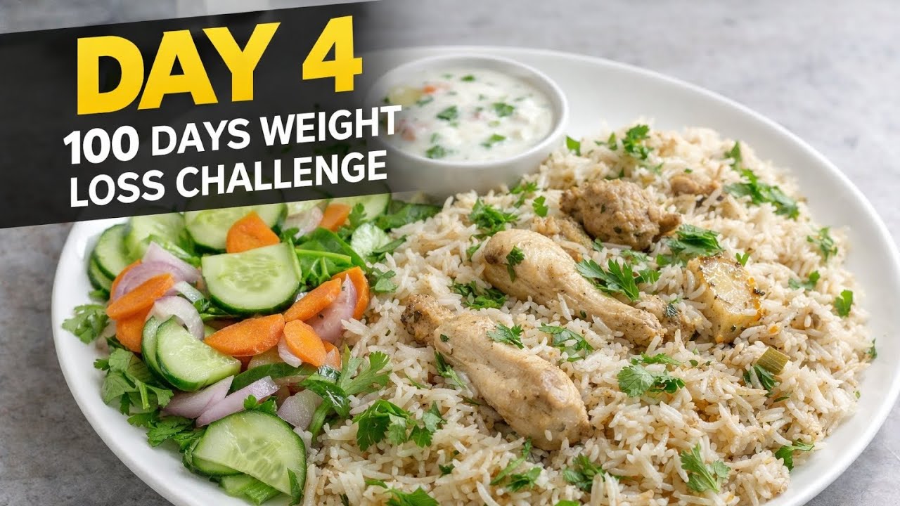 DAY 4 | Chicken White Biryani 🥗🔥 Strong Challenge StyleDAY 4 – 100 DAYS WEIGHT LOSS🍽️ Food