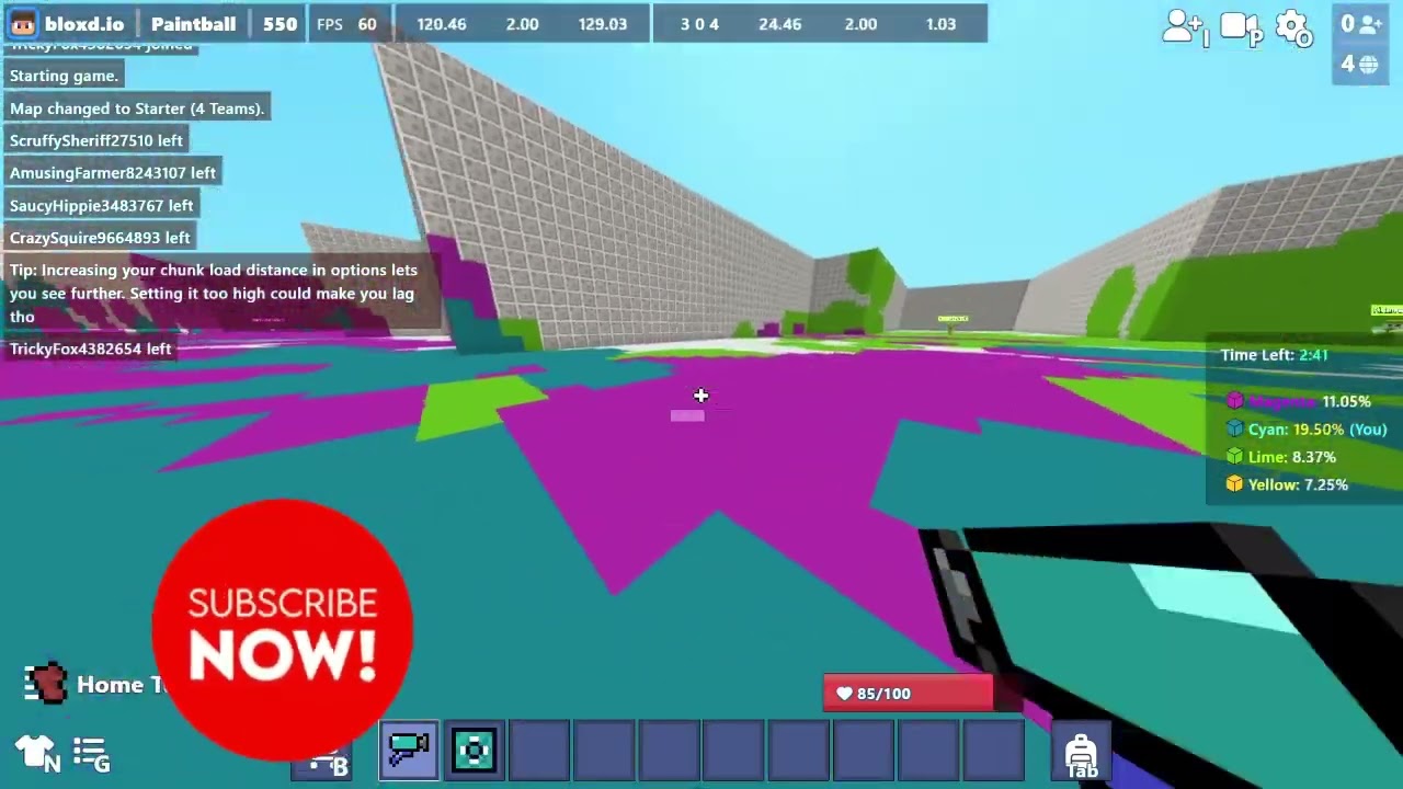 Paintball gameplay with 4 teams in Bloxd.io