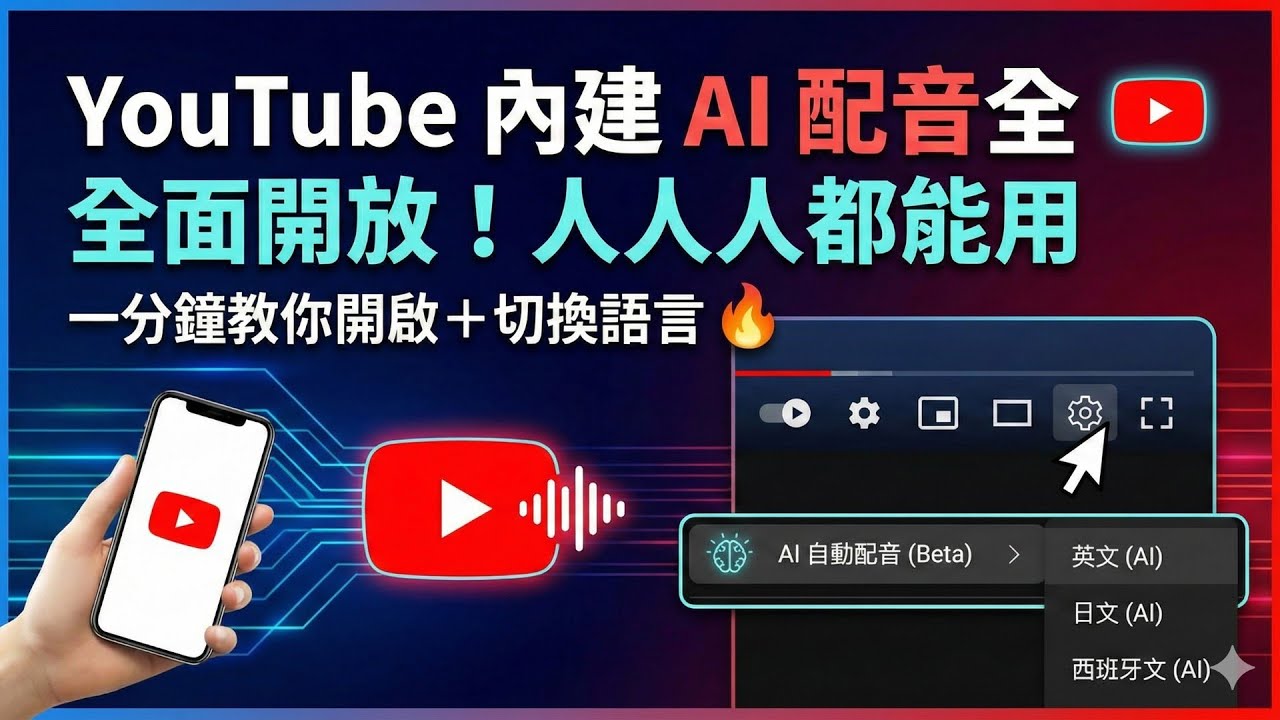AI & YouTube & 專業工具「YouTube 內建 AI 配音全面開放！人人都能用｜一分鐘教你開啟＋切換語言🔥」