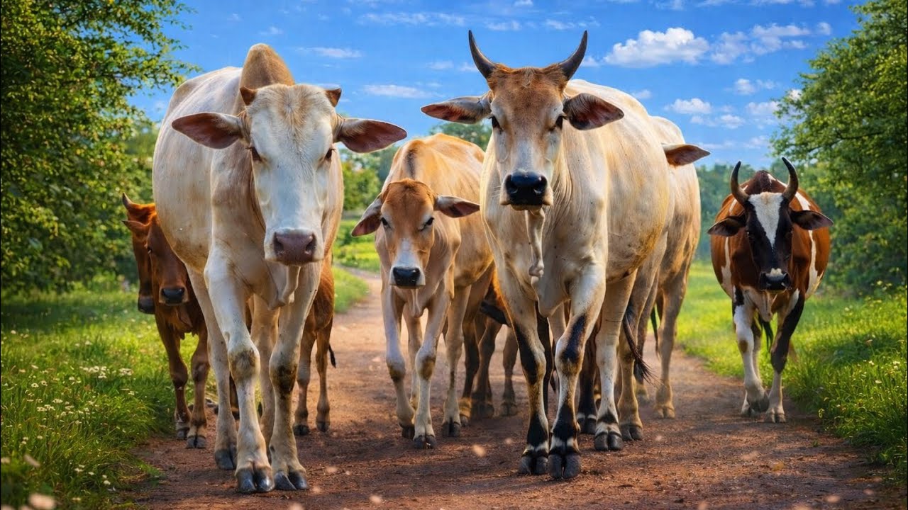 Together in Harmony: Happy Cows on a Sunny Village Road