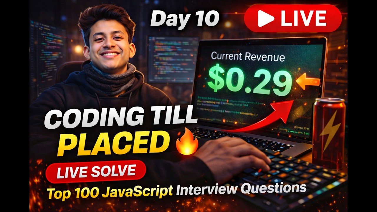 Day 10 🚀 Coding Till Placed | Solve Top 100 JavaScript Interview Questions LIVE | Revenue $0.29