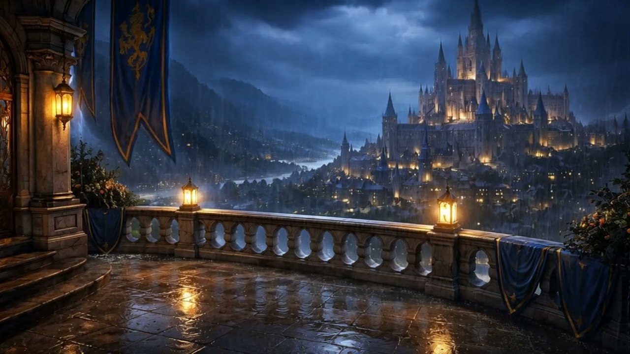 Stormy Castle Balcony 🌧️⚡ Rain & Thunder Fantasy Ambience for Focus & Sleep | 1 Hour