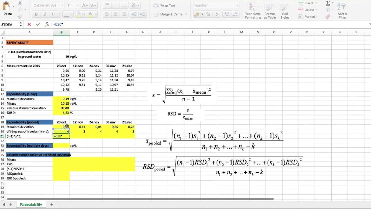 Example for calculating repeatability