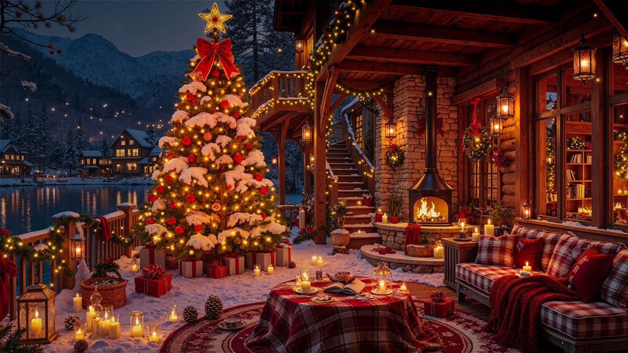 Snowy Lakeside Porch Winter Ambience ❄️ Smooth Christmas Jazz & Fireplace Crackling for Relaxation