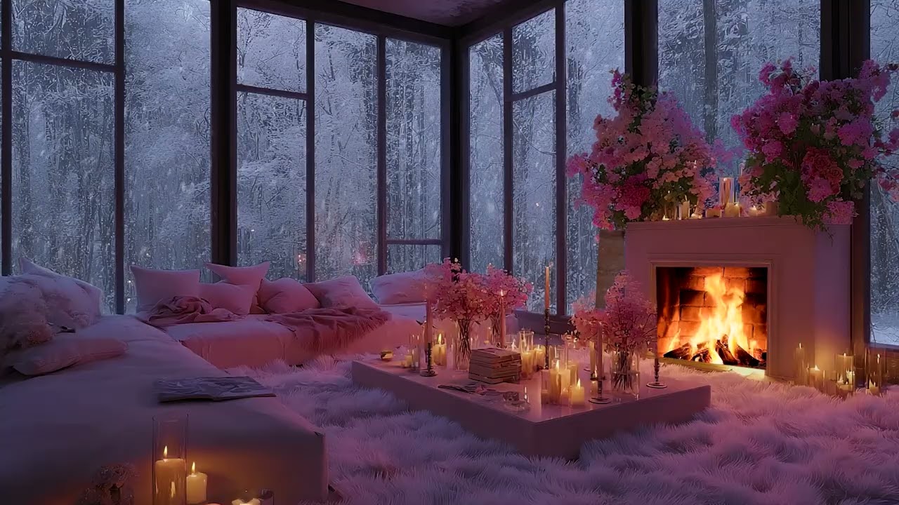 Romantic Cozy Winter Night with Snow Wind Outside and Crackling Fireplace Sounds for Sleep