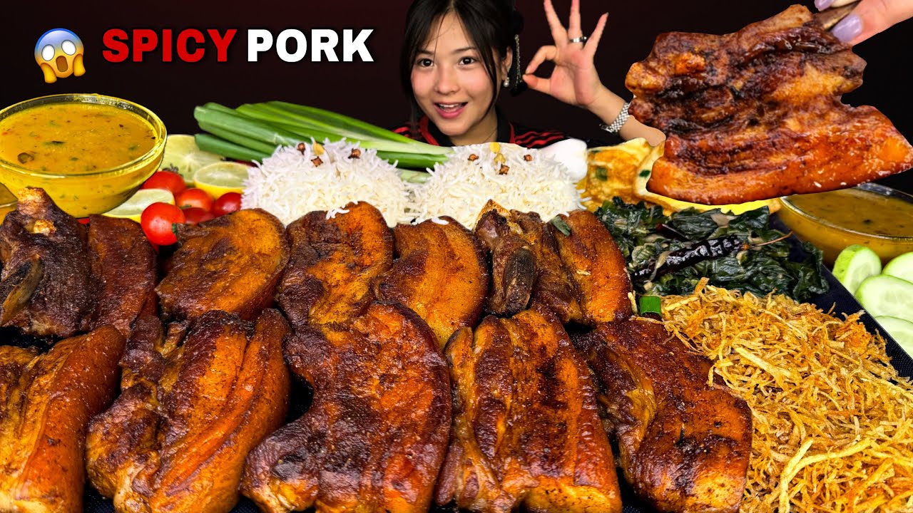 SPICY & JUICY FRIED PORK🔥FRY CHILI🌶️ WITH RICE & SPICY DAAL | NEPALI MUKBANG | #mikasa
