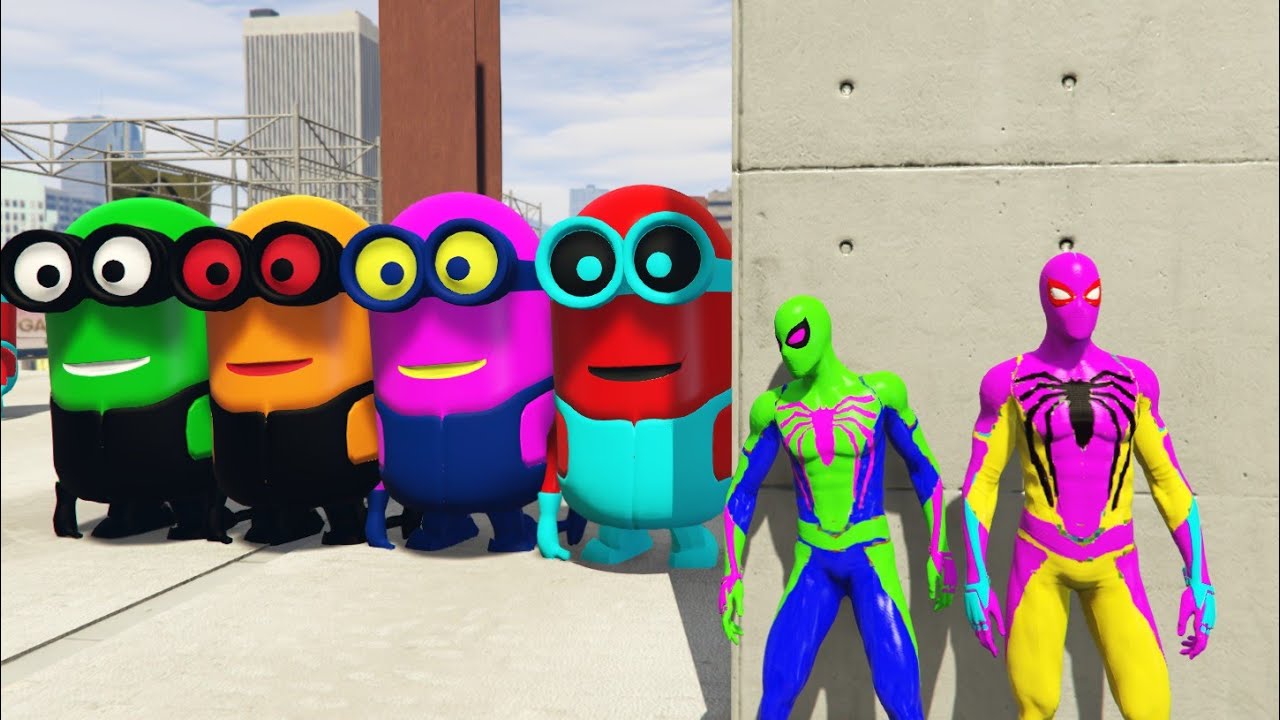 GTA 5 epic ragdoll| Green Spiderman Epic ragdoll to Colorful Minion| Euphoria Physics 