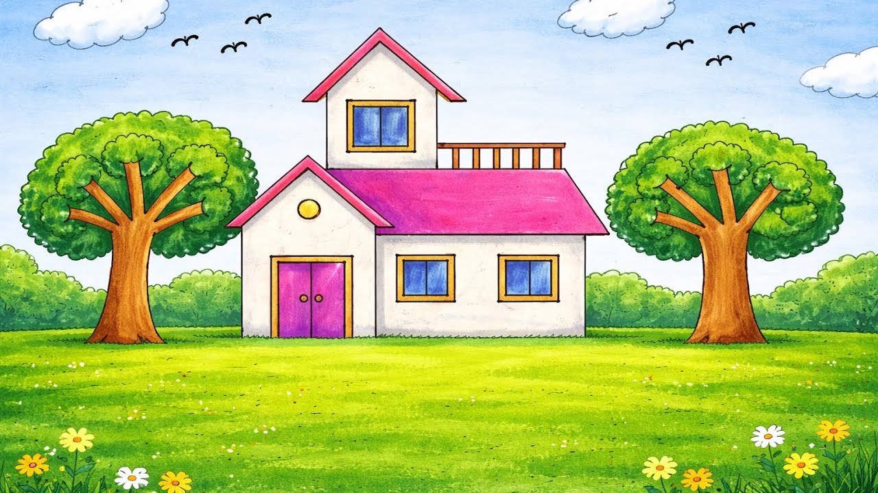 How to draw house| घर केसे बनाए|ghar kese banaye | nature scenery drawing #bestscenery #easydrawing