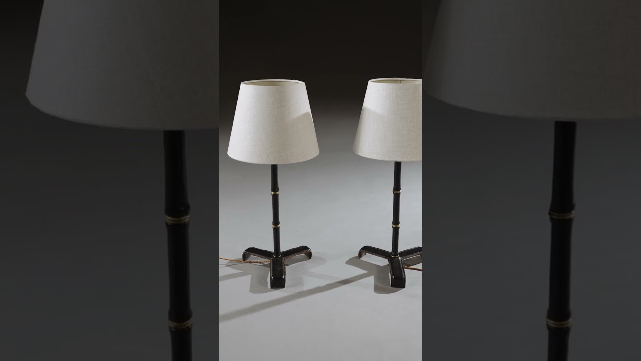 Pair of Leather Simulated Bamboo Table Lamps Attributed to Jacques Adnet | Loveday Antiques