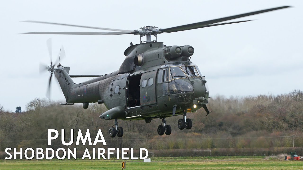 RAF Puma helicopter visits Shobdon Airfield - Landing, start-up and takeoff