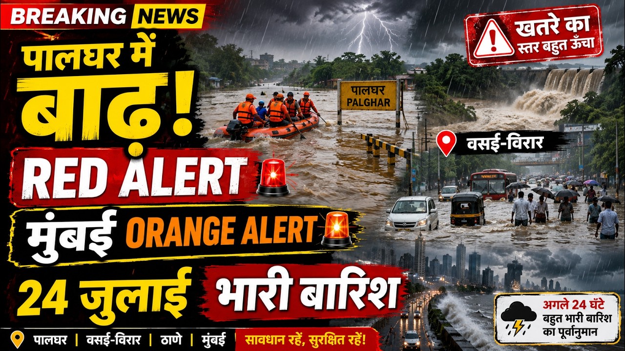 पालघर में बाढ़! 🚨 RED ALERT | वसई-विरार डूबा | मुंबई में ORANGE ALERT | 24 जुलाई भारी बारिश LIVE