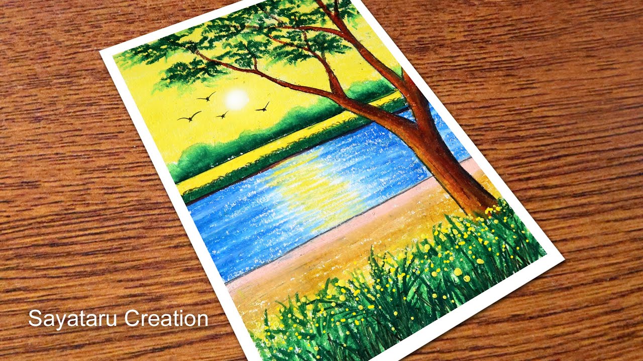 How to Draw Sunset with oil pastels | Step by step scenery drawing for beginners