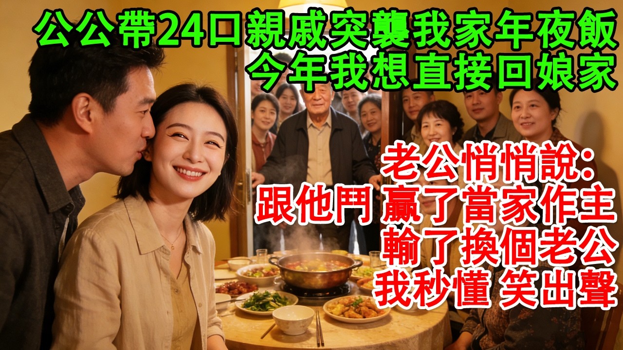 【完結爽文】公公每年帶24口親戚突襲我家年夜飯，今年我想直接回娘家，老公悄悄說：跟他鬥 贏了當家作主，輸了換個老公，我秒懂笑出聲#婆媳 #家庭 #情感故事 #家庭倫理 #生活經驗 #老年生活 #爱情