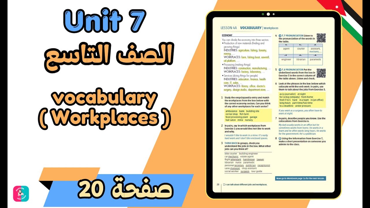 vocabulary workplaces  | الصف التاسع صفحة 20 | الوحدة السابعة | الفصل الثاني + كتاب التمارين