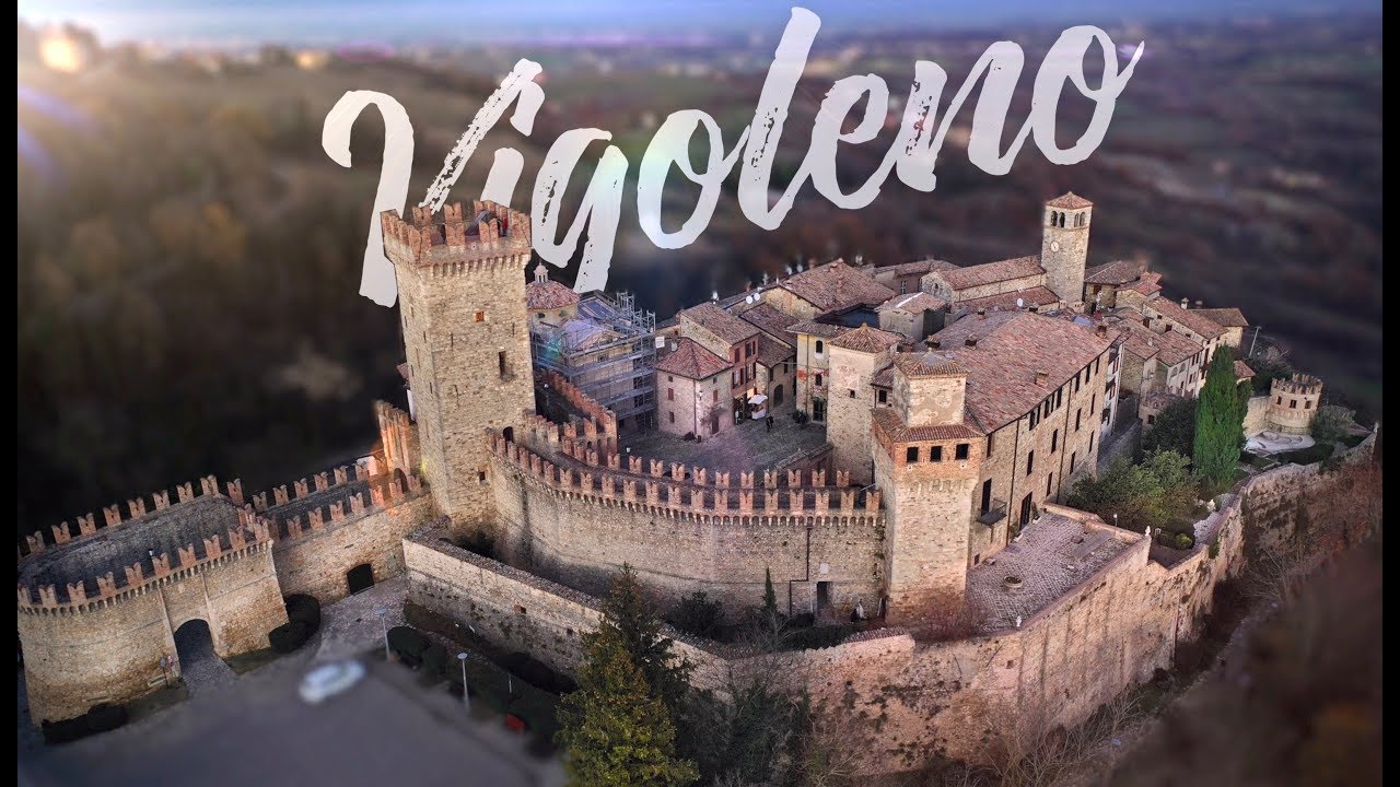Vigoleno: the town, the castle. Aerial drone video filmed in 4K UHD