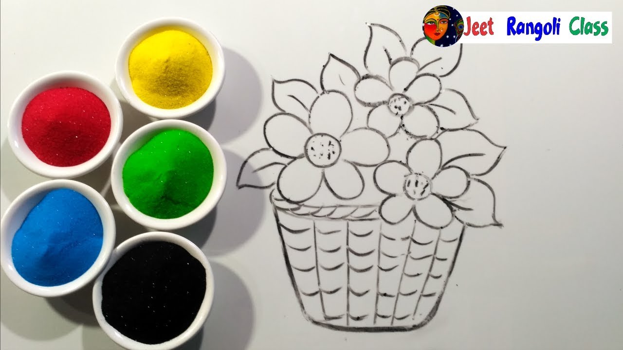 Learn to fill rangoli in flower bucket step by step.  Very easy and attractive rangoli.