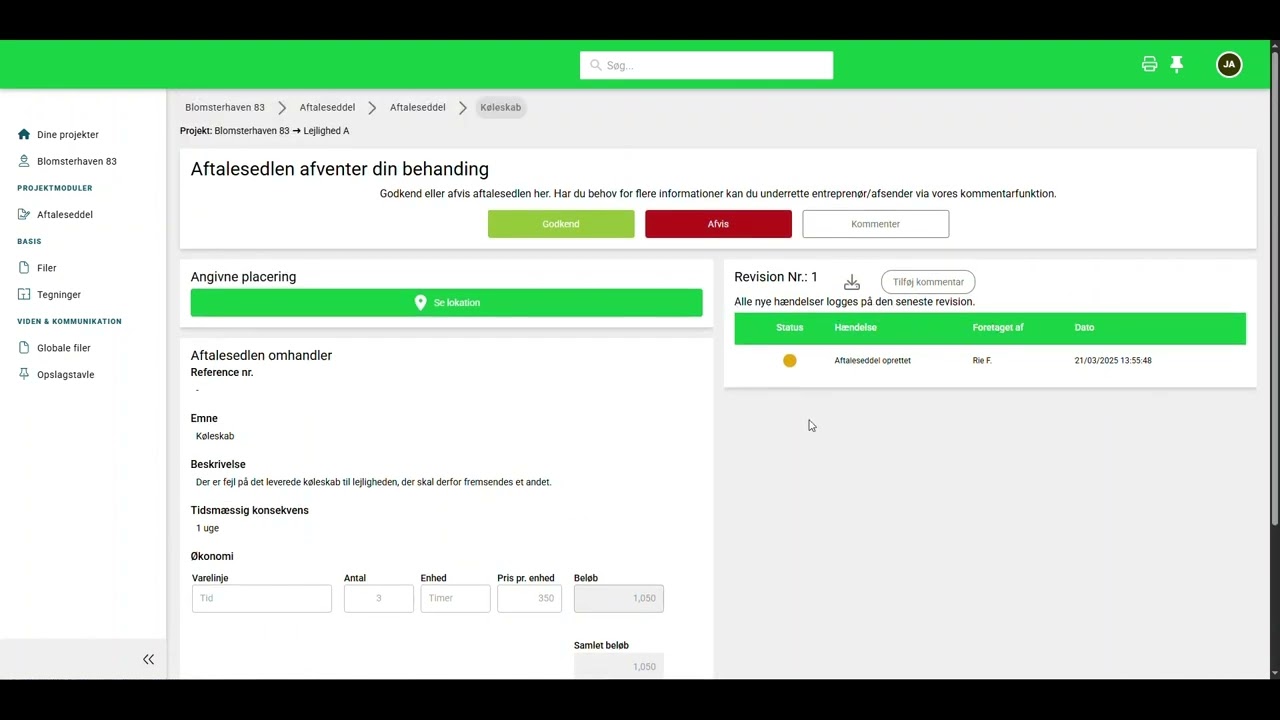 3 3 c 4   Godkend afvis kommentar p&aring; aftaleseddel p&aring; ProjektWeb