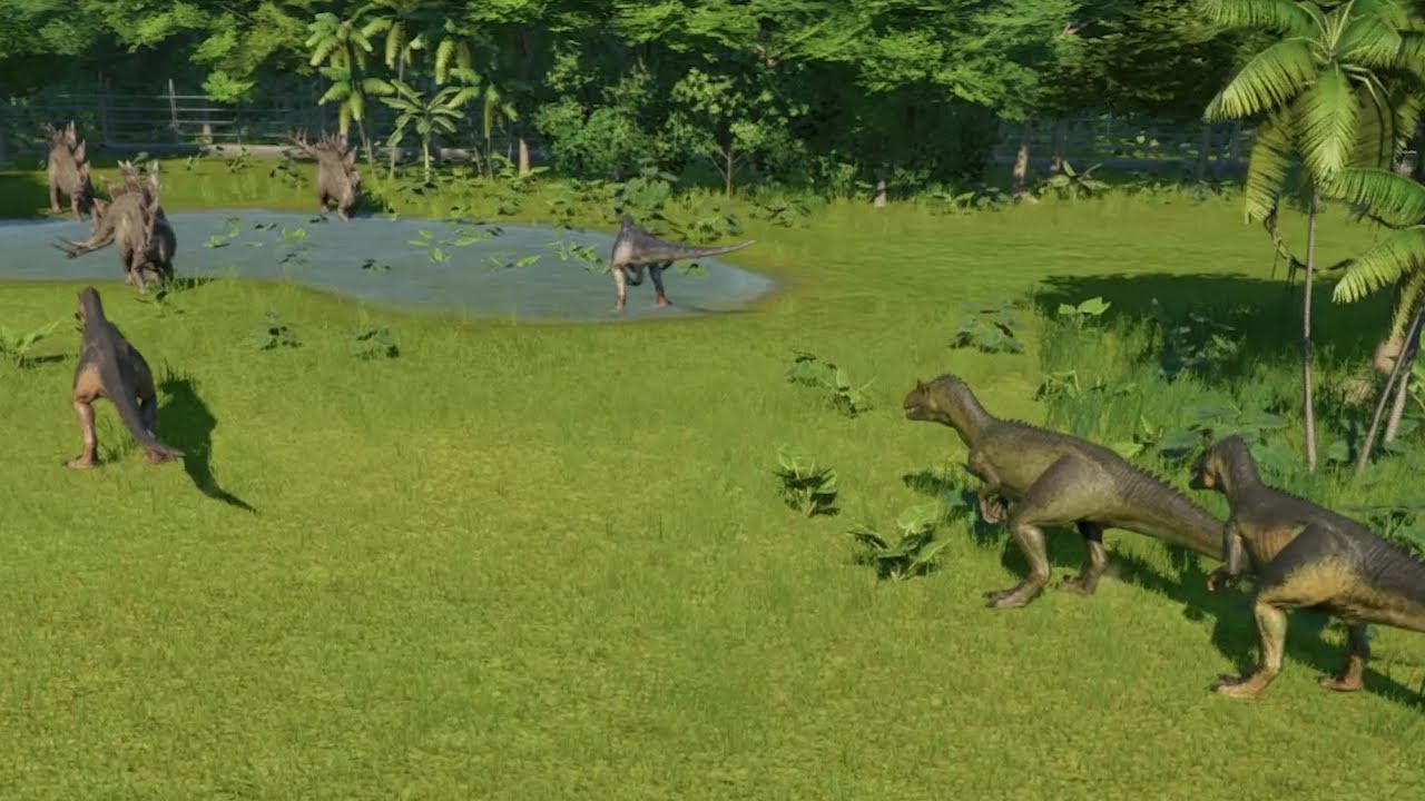 4 Allosaurus VS Stegosaurus Herd - Jurassic World Evolution