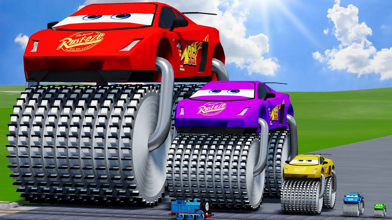 Big & Small Colors Lamborghini McQueen with Double Monster Saw wheels VS Train | BeamNG.drive