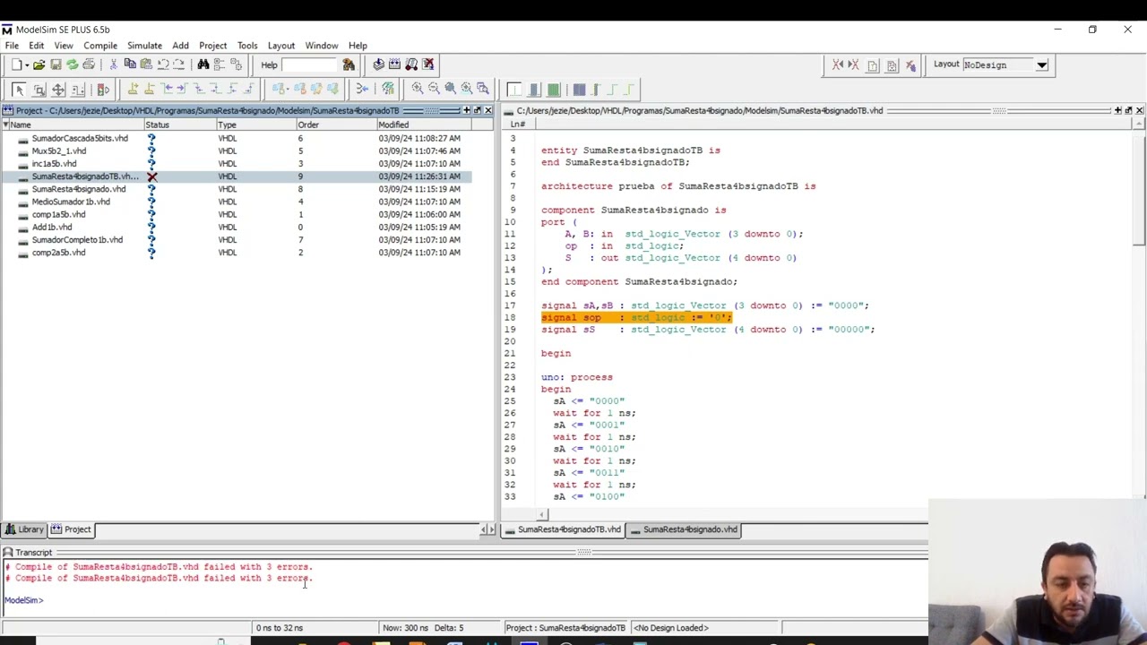 Suma y Resta de 4 bits signados en VHDL Test Bench