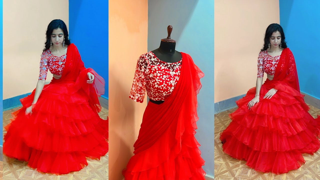Organza lehenga saree | Bridal Trousseau | Draped saree | Ready-to-wear saree | Custom-made Saree