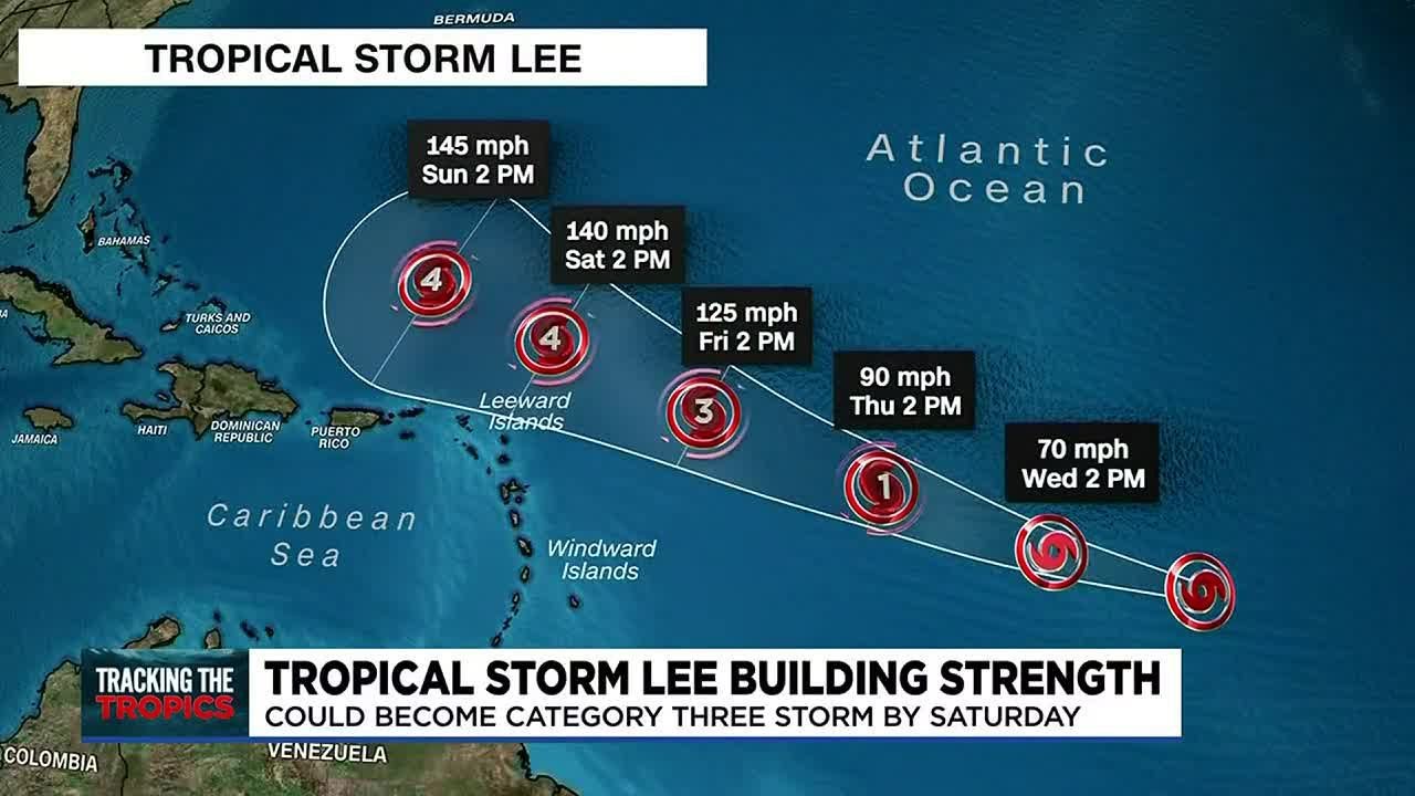 Tropical Storm Lee strengthening in the Atlantic