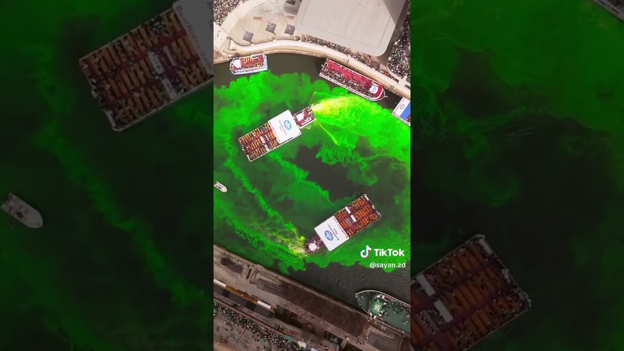 HAPPY ST. PATRICK'S DAY 2025!  💚🤍🧡☘️🍀🪙Chicago: Aerial view of Downtown Chicago River, dyed Green 🟩