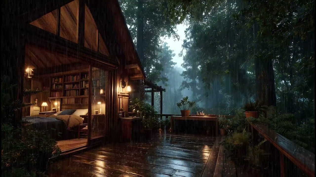 Дождливый вечер в лесной хижине 🌲 | Нежные звуки дождя для сна