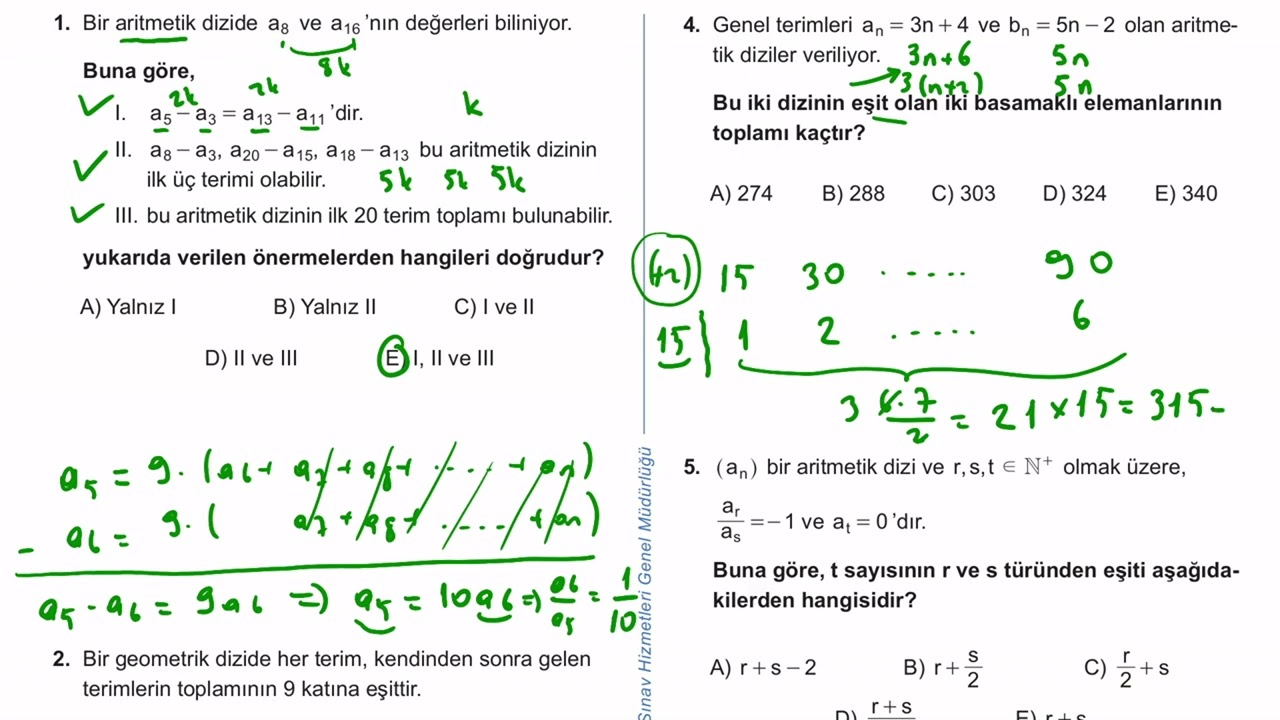 12. Sınıf Matematik Kazanım Kavrama Test 10 (Diziler) Çözümler