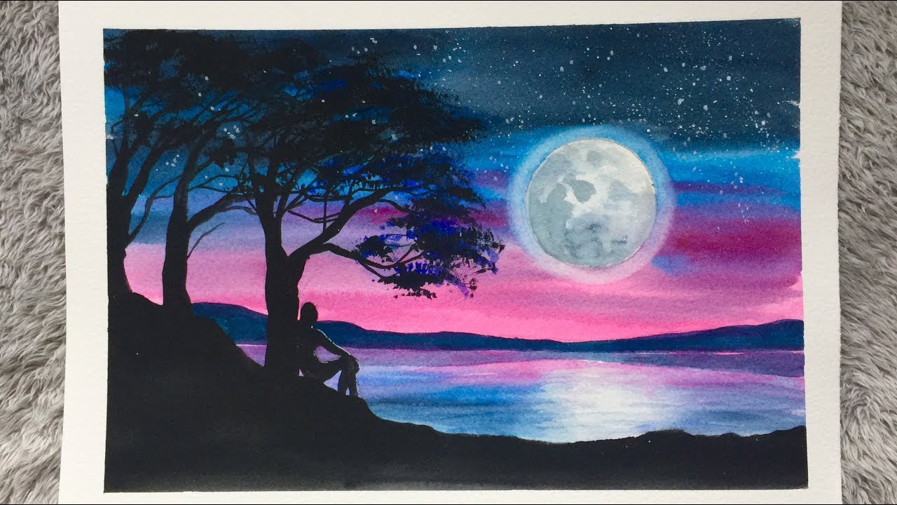 MOONLIGHT NIGHT / Freehand Landscape Painting / Easy / Step By Step Watercolor Process