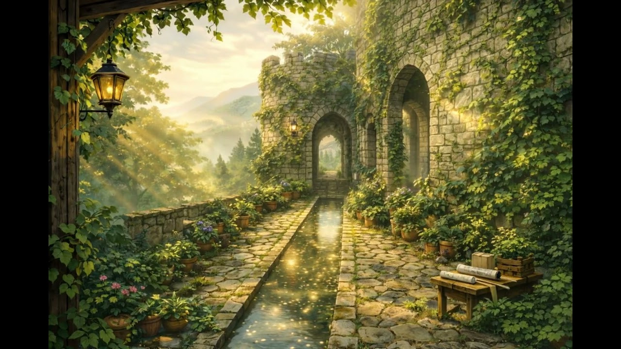 Sunlit Stone Canal Courtyard 🌿✨ | Ghibli-Inspired Focus Ambient (No Animals) | 2H