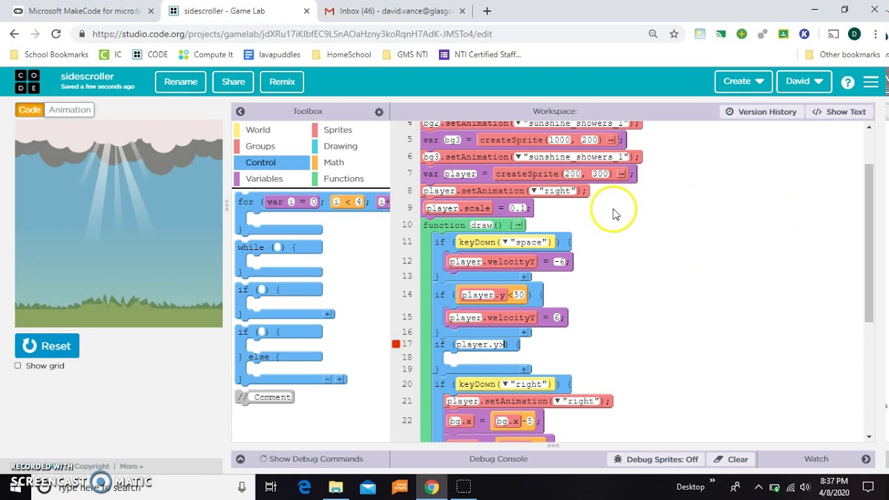 Как прыгать и добавлять оригинальные звуки в GameLab на Code.org